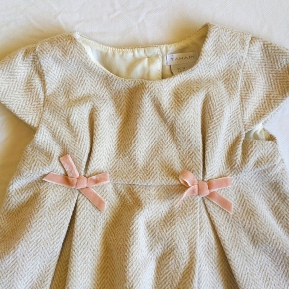 tahari beige gold tweed fit & flare lined dress with lace trim 2T toddler girls - Picture 2 of 10